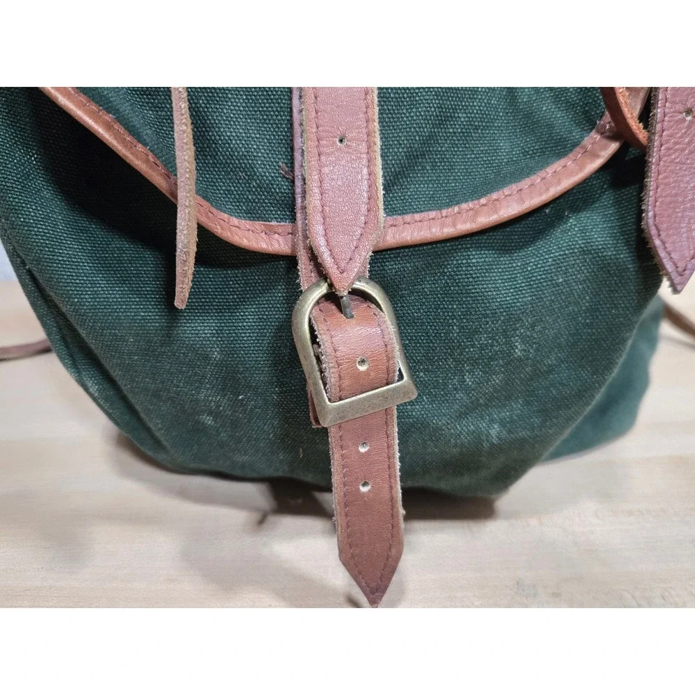 Vintage Green Canvas Leather Rucksack Backpack‎ Cowhide Trim